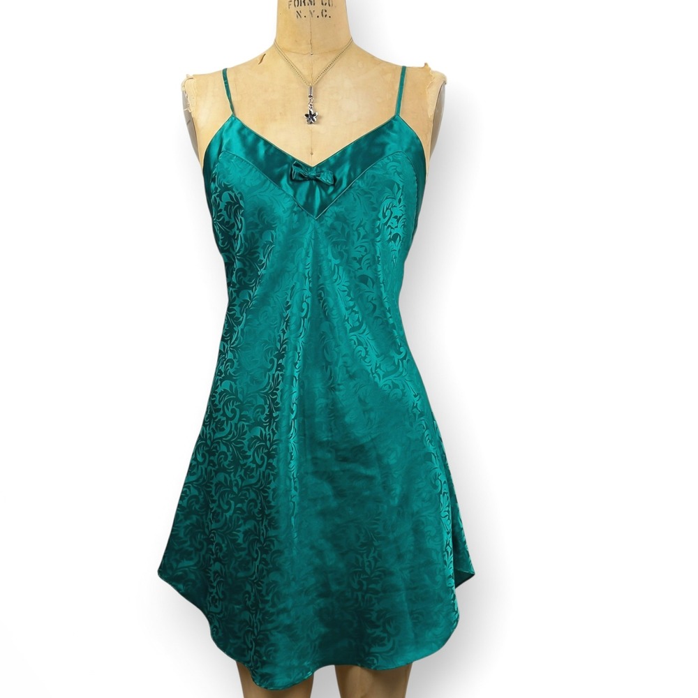 Vintage 1990s Satin Slip Dress Emerald Floral Jacquard Chemise Babydoll Size M